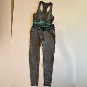 Gymshark Gray Leggings and Sports Bra Set with Black and Turquoise Waistband
